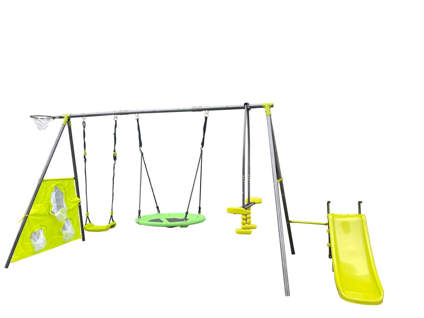 XNS052 Green and Blue Six Function Swingset with Net Swing - 440lbs Capacity - Outdoor Playground for Age 3+ - 31.5in Net Swing