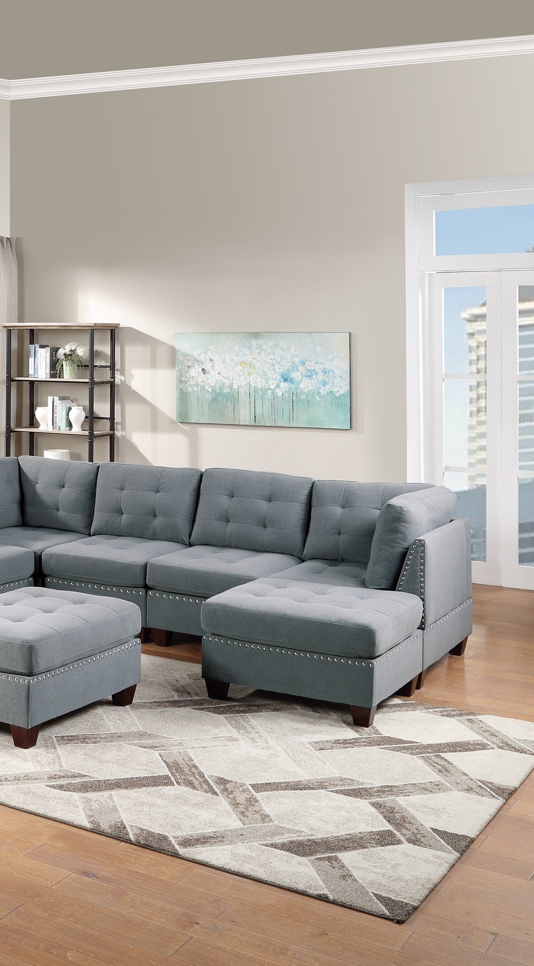 Modular Sectional 9pc Set Gray Linen-Like Fabric Living Room Furniture - Tufted Nail heads, Corner Sectional, 3x Corner Wedge, 4x Armless Chairs, 2x Ottomans