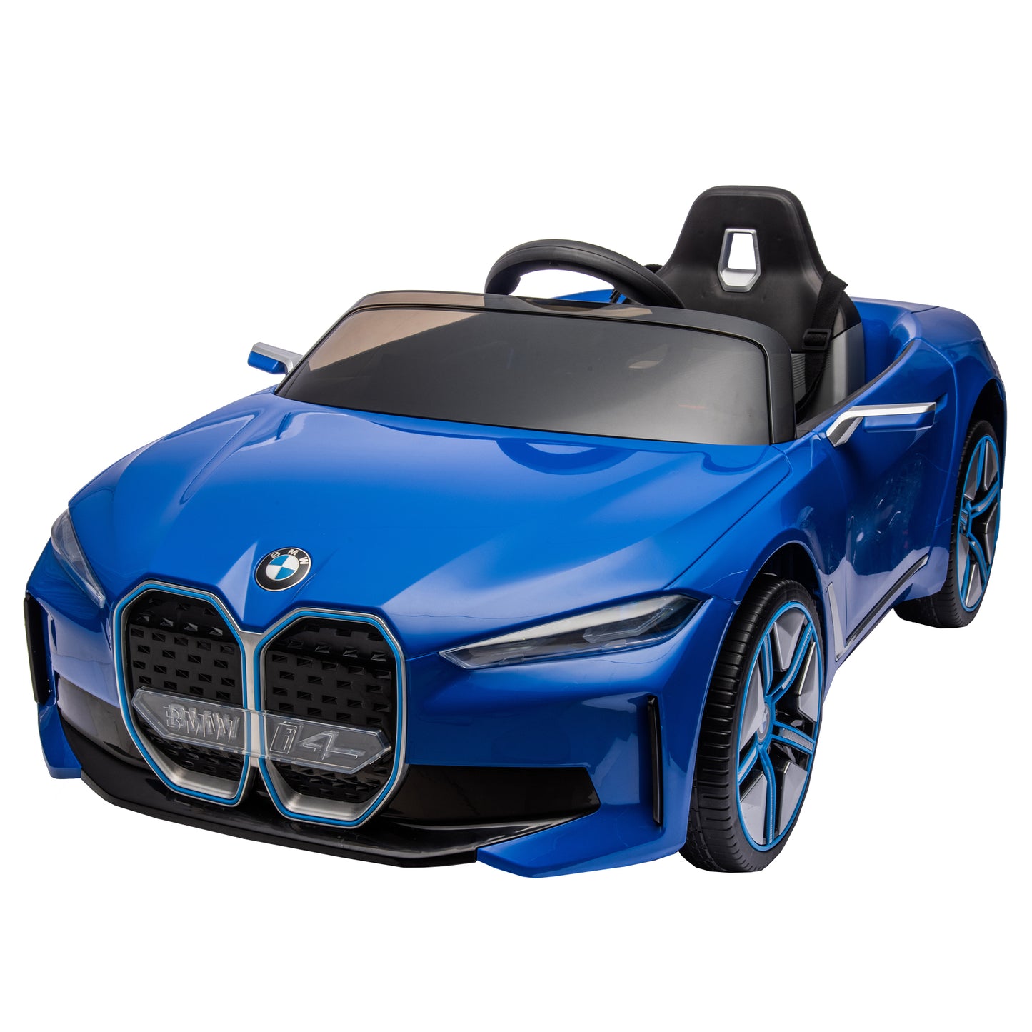 Licensed BMW I4, 12v Kids Ride-On Car with Remote Control - Electric Car for Kids, Three-Speed Adjustable, Power Display, USB, MP3, Bluetooth, LED Light, Two-Point Safety Belt, Story - Black