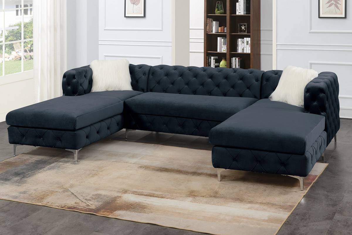 Gorgeous Living Room U-Sectional Black Velvet Tufted Cushion Couch with LAF and RAF Chaise and Armless Loveseat