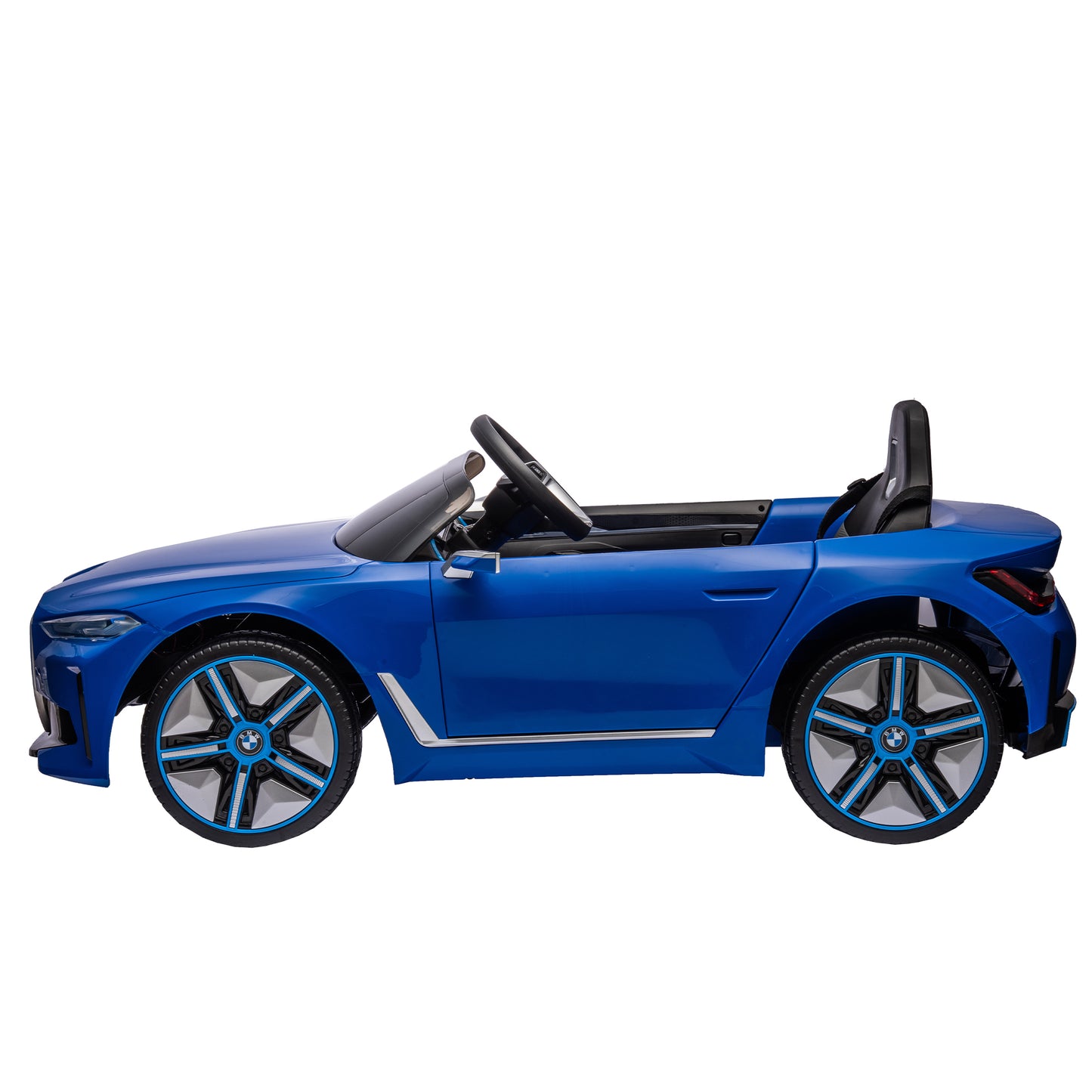 Licensed BMW I4, 12v Kids Ride-On Car with Remote Control - Electric Car for Kids, Three-Speed Adjustable, Power Display, USB, MP3, Bluetooth, LED Light, Two-Point Safety Belt, Story - Black