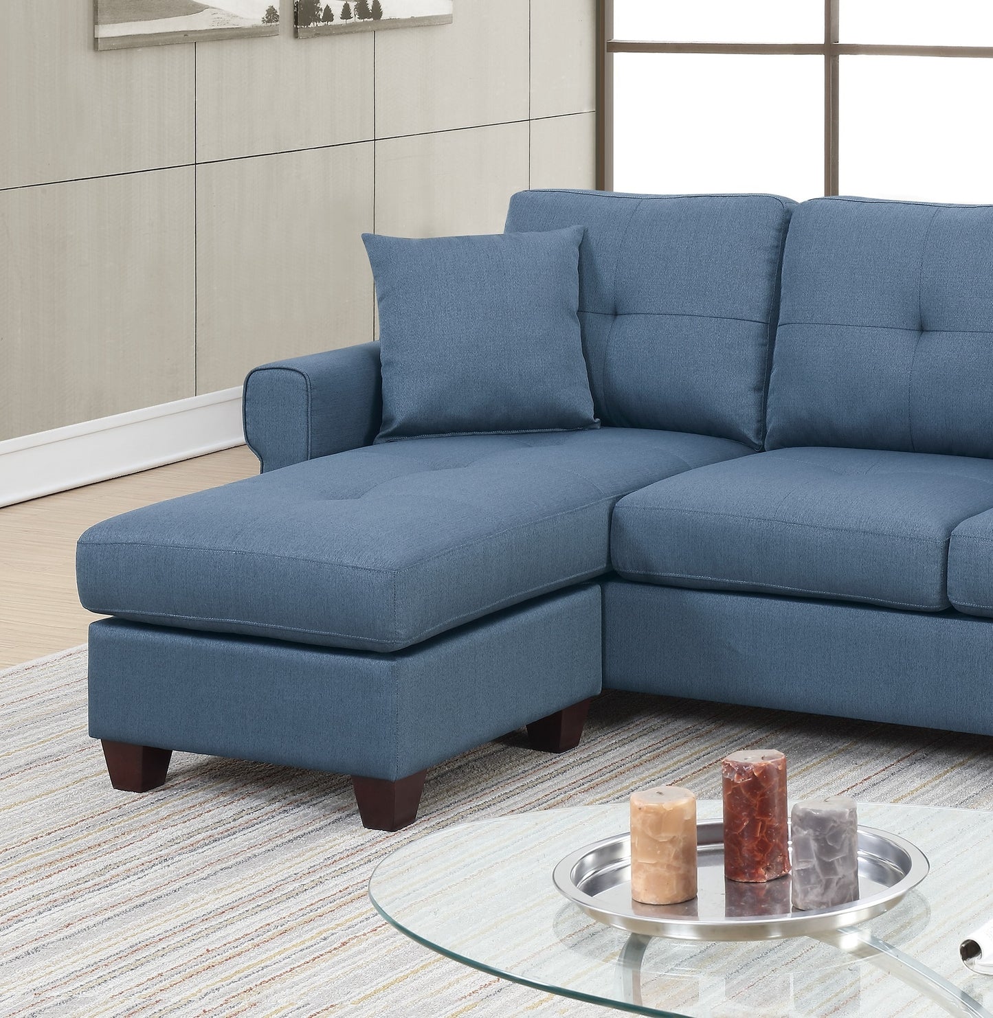 Blue Glossy Polyfiber Tufted Cushion Sectional Sofa Chaise: Reversible Living Room Furniture with Unique Color & Size