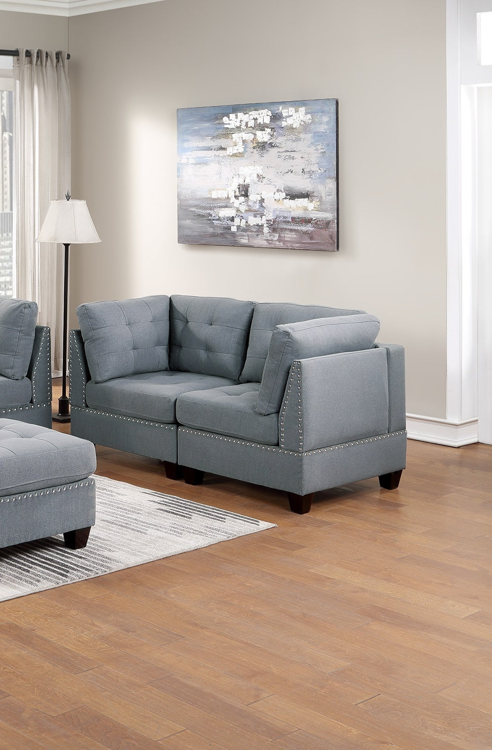 Modular Sofa Set 6pc Living Room Furniture Loveseat Couch Gray Linen Fabric 4x Corner Wedge 1x Armless Chair 1x Ottoman