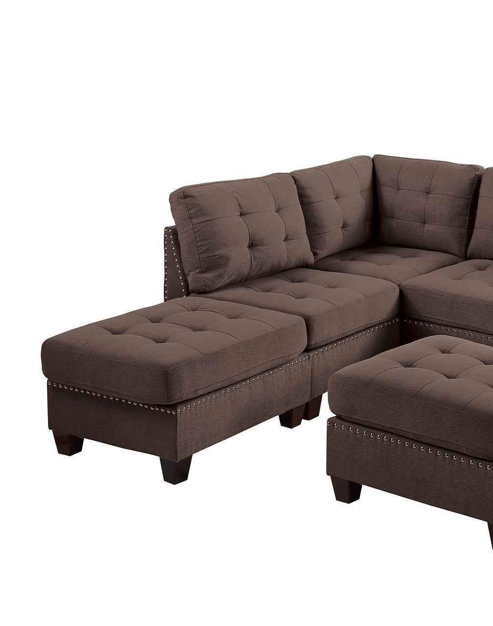 Contemporary Modular Sectional 7pc Set: Black Coffee Linen Like Fabric, Tufted Nail heads, Corner L-Sectional, 2x Corner Wedge, 3x Armless Chair, 2x Ottoman