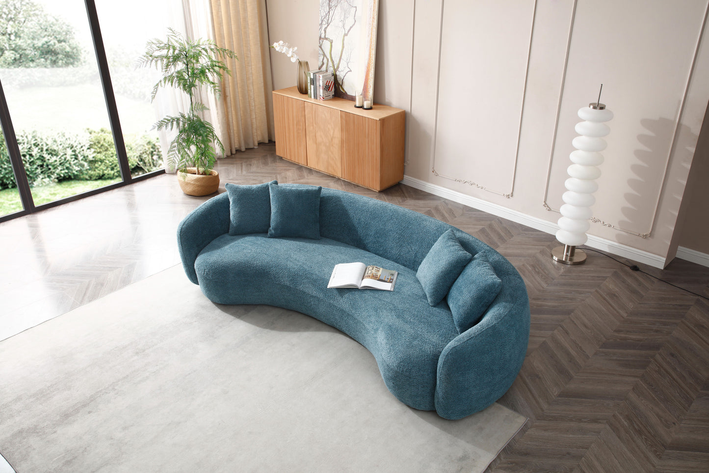 102'' Boucle Sofa Modern Sectional Half Moon Leisure Couch Curved Sofa in Teddy Fleece Velet - Blue