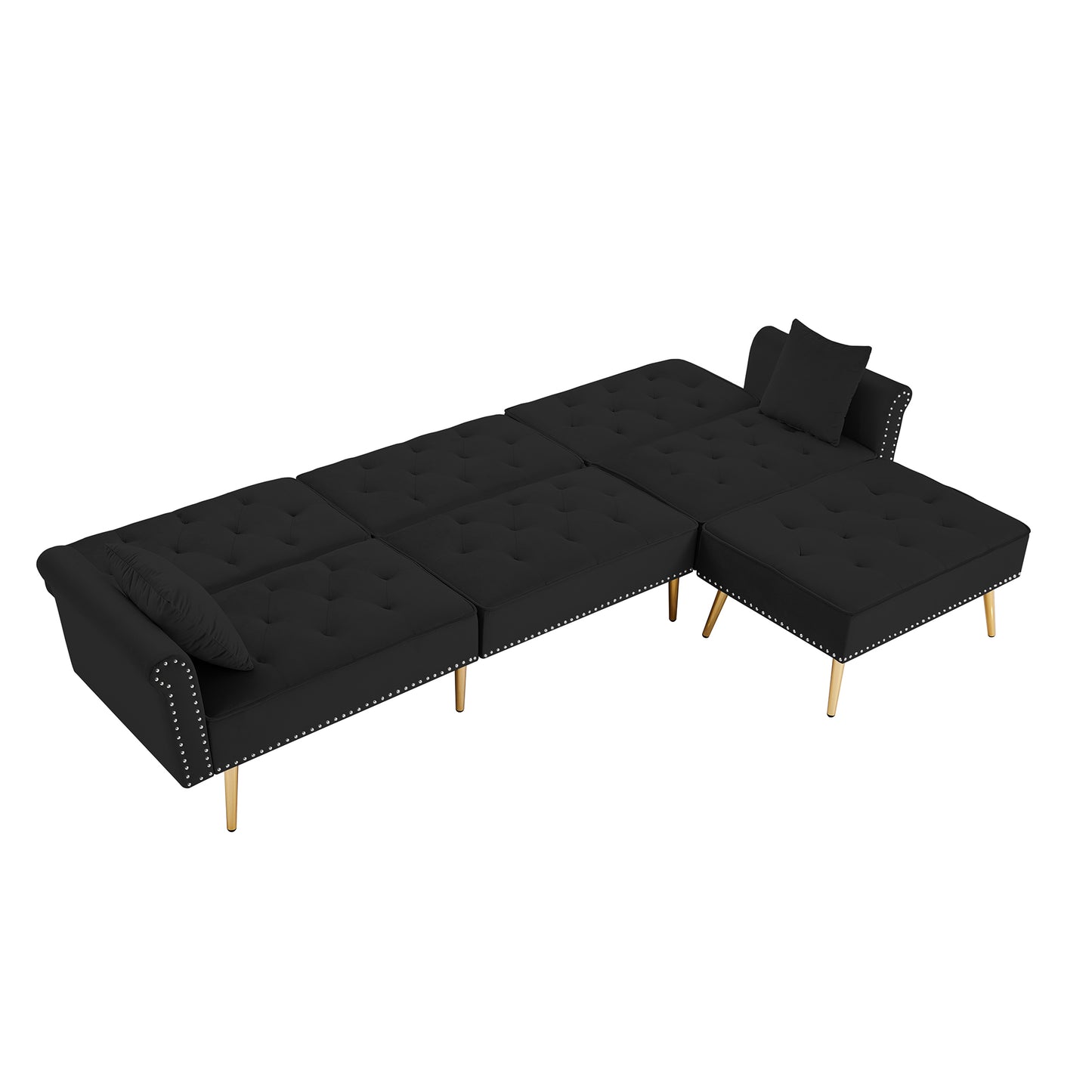 Modern Velvet Upholstered Reversible Sectional Sofa Bed: L-Shaped Couch with Movable Ottoman, Nailhead Trim for Living Room - Black