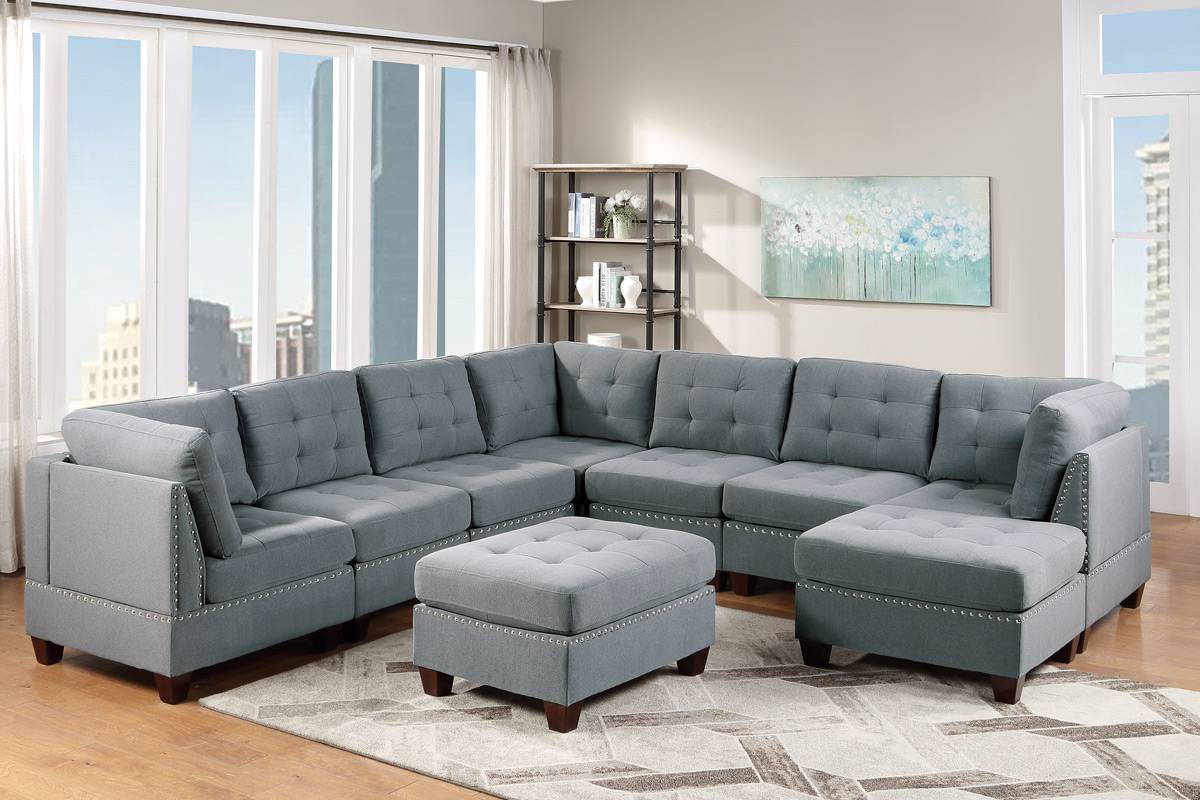 Modular Sectional 9pc Set Gray Linen-Like Fabric Living Room Furniture - Tufted Nail heads, Corner Sectional, 3x Corner Wedge, 4x Armless Chairs, 2x Ottomans