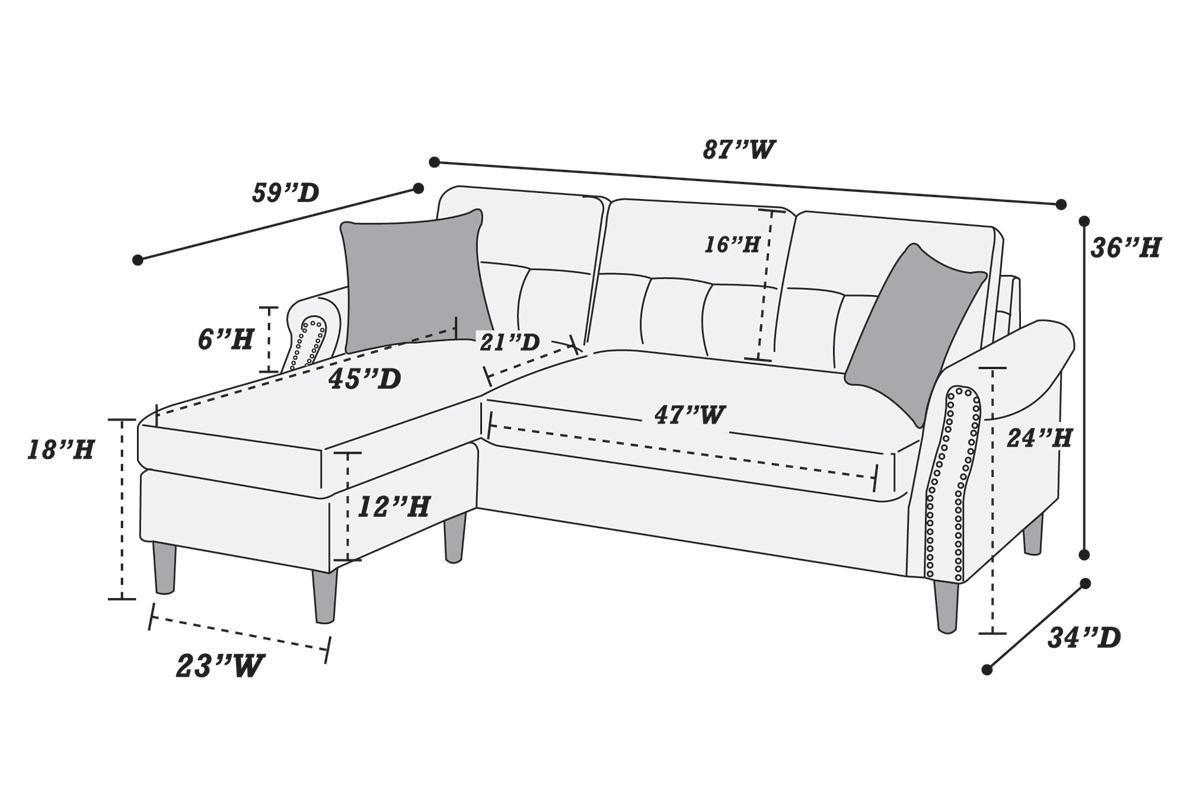 Slate Color Polyfiber Reversible Sectional Sofa Set with Chaise, Pillows, Plush Cushion, and Nailheads - Comfortable and Stylish Couch for Your Living Space