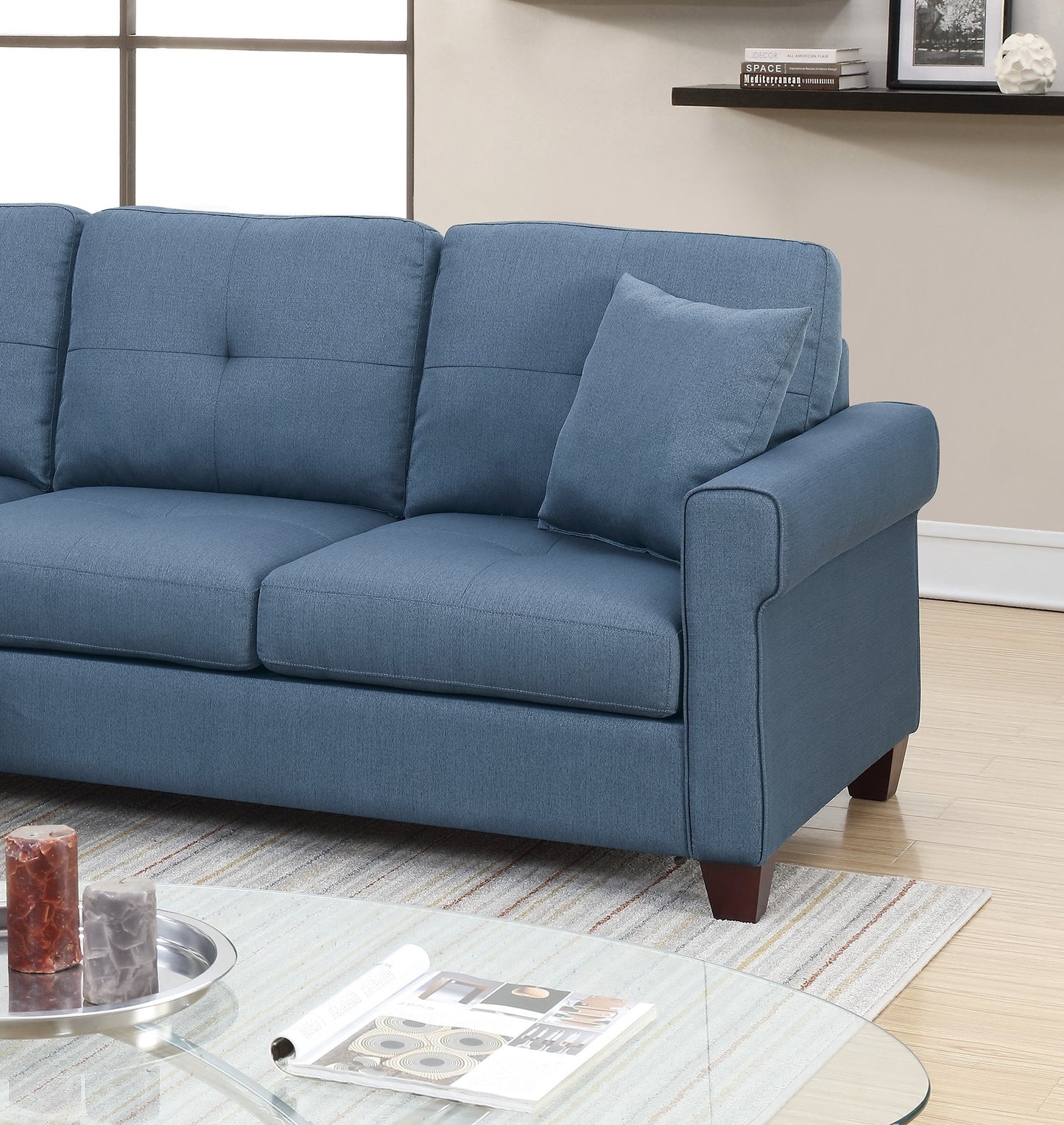 Blue Glossy Polyfiber Tufted Cushion Sectional Sofa Chaise: Reversible Living Room Furniture with Unique Color & Size