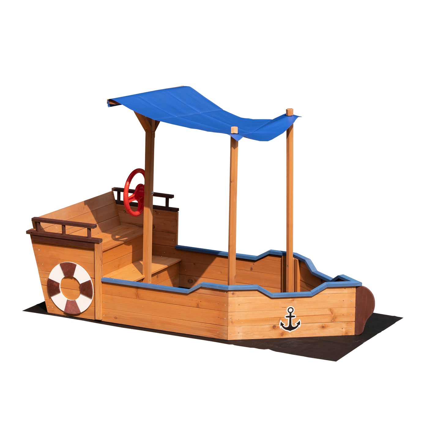 Outsunny Pirate Ship Sandbox: Wooden Sandbox with Storage Bench and Seat for Kids 3-8 Years Old, Outdoor Toy with Cover and Rudder - Colorful & Fun!