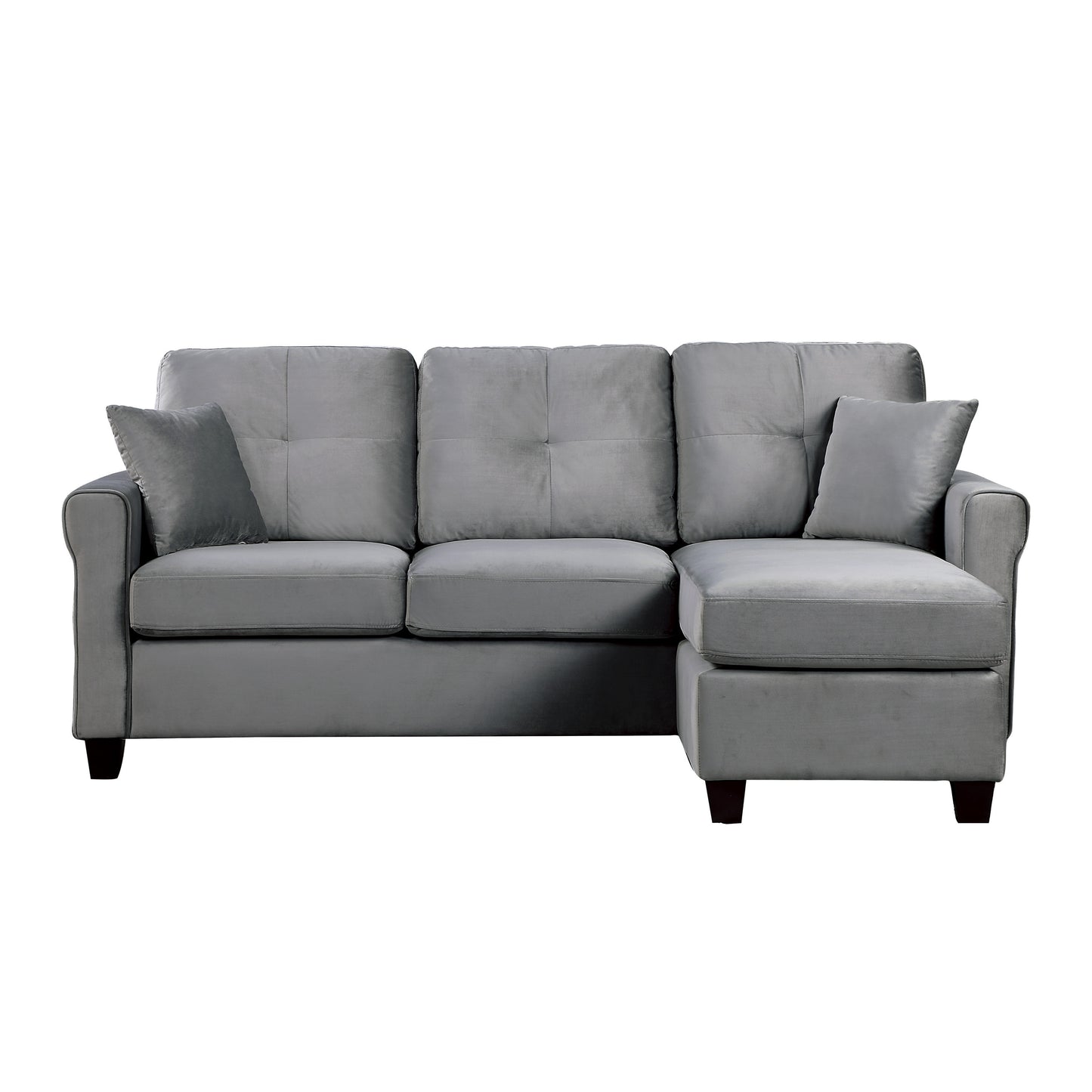 Reversible Config. 1pc Sectional Sofa, 2 Pillows, Gray Velvet Fabric, Tufted Back, Living Room Furniture