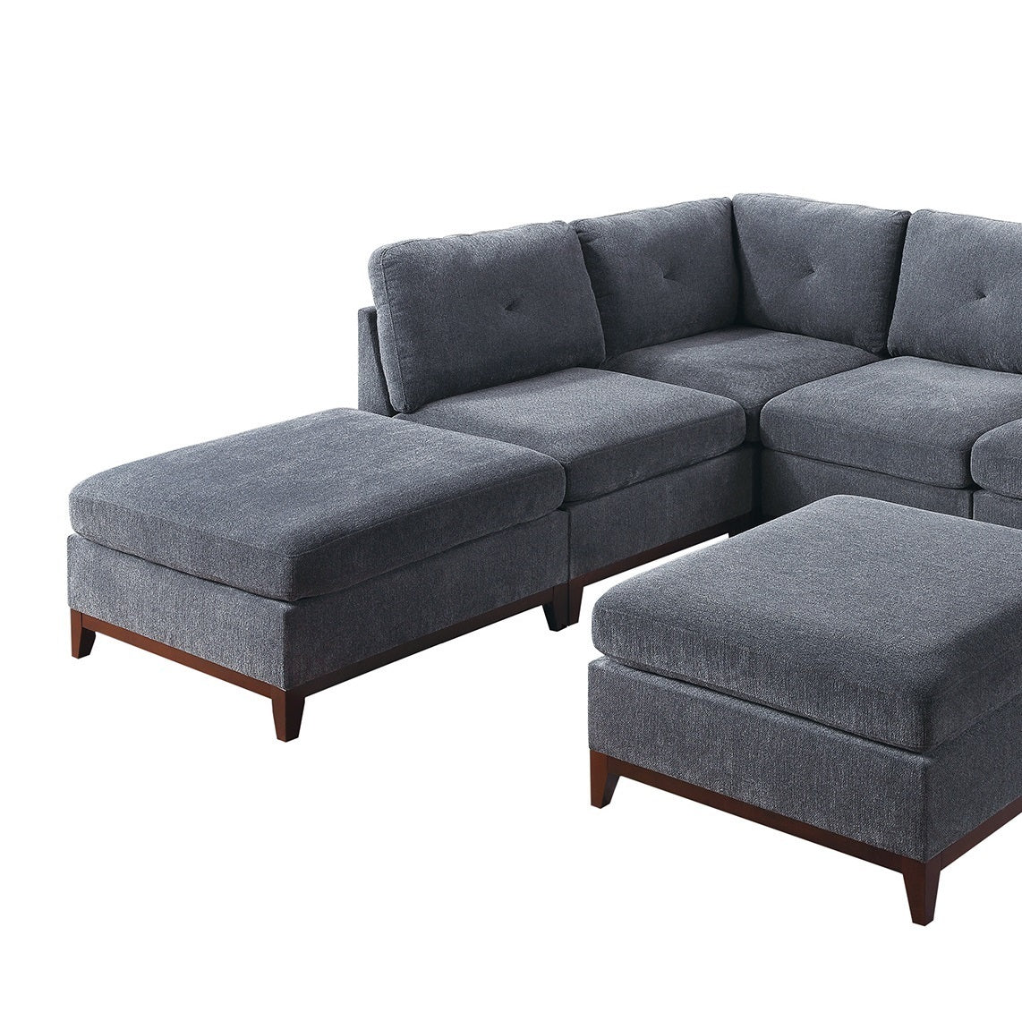 Ash Grey Chenille Fabric Modular Sectional 7pc Set Living Room Furniture U-Sectional Couch 2x Corner Wedge 3x Armless Chairs and 2x Ottomans Tufted Back Wooden Base