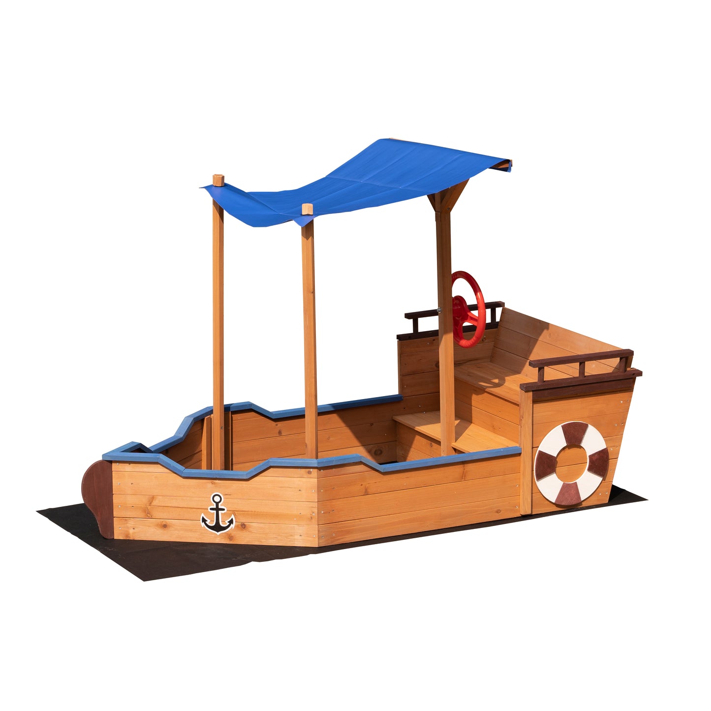 Outsunny Pirate Ship Sandbox: Wooden Sandbox with Storage Bench and Seat for Kids 3-8 Years Old, Outdoor Toy with Cover and Rudder - Colorful & Fun!