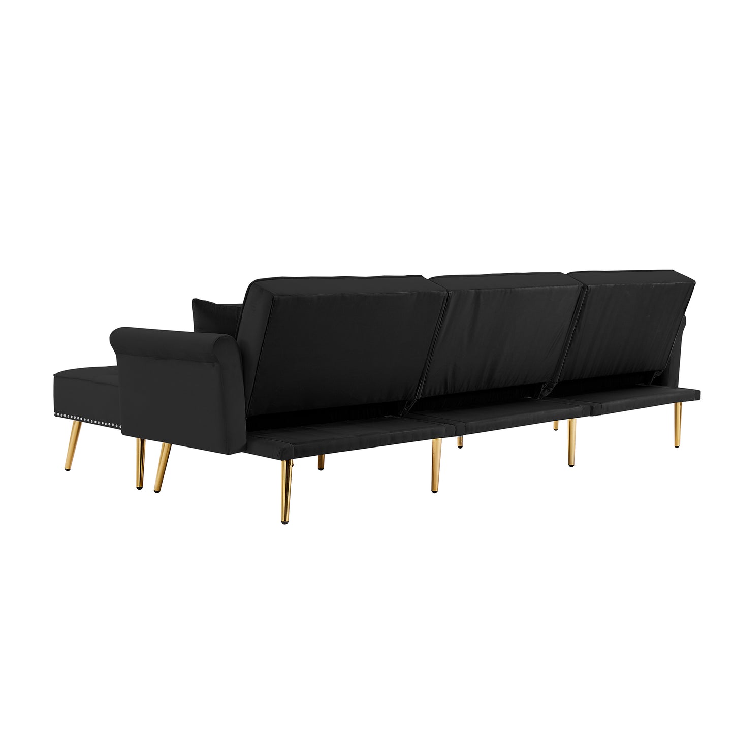 Modern Velvet Upholstered Reversible Sectional Sofa Bed: L-Shaped Couch with Movable Ottoman, Nailhead Trim for Living Room - Black