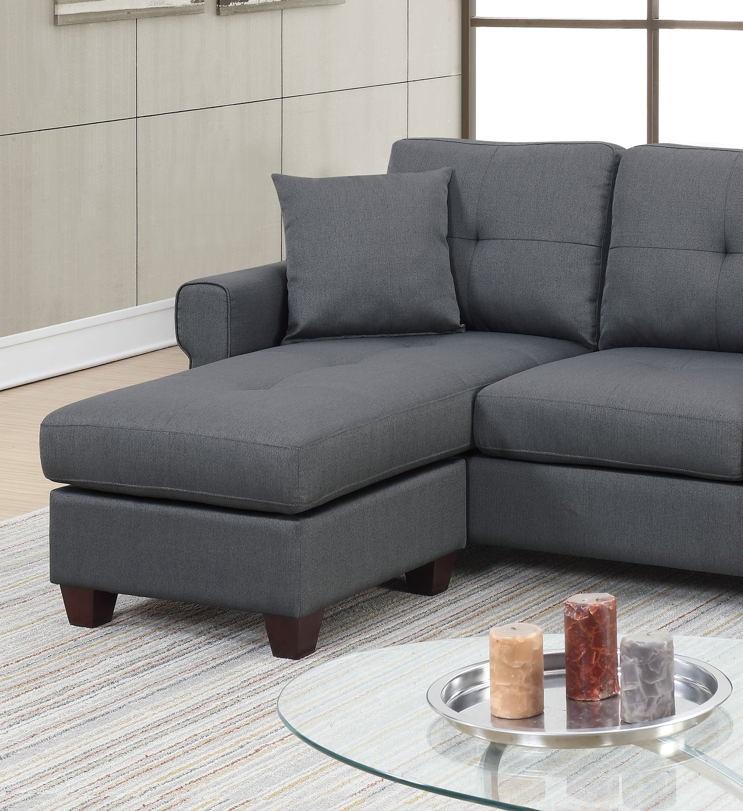 Charcoal Glossy Polyfiber Tufted Cushion Sectional Sofa Chaise: Reversible, Living Room Furniture, Size Options