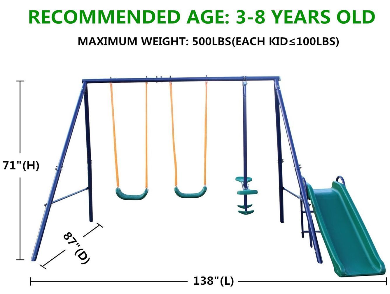 A-Frame Metal Swing Set with Slide: Durable Outdoor Play Equipment for Kids - Blue, Green, Orange Color Options