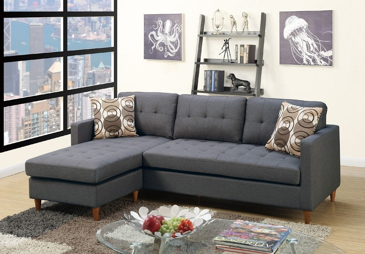 Blue Grey Polyfiber Sectional Sofa: Reversible Chaise, Tufted Back, Modular.