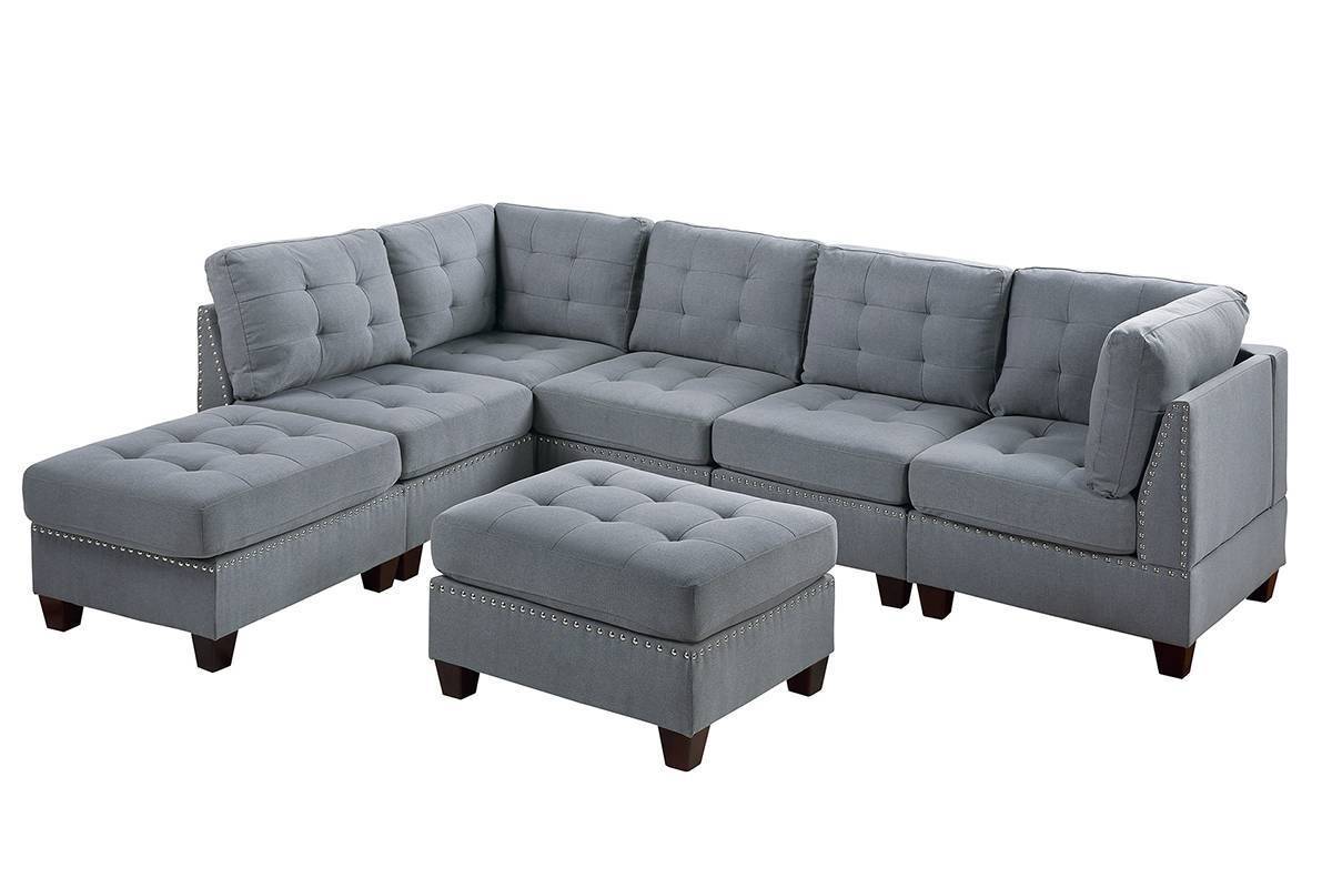 Contemporary Modular Sectional 7pc Set - Gray Linen Like Fabric, Tufted, Nail heads, Corner L-Sectional, 2x Corner Wedge, 3x Armless Chair, 2x Ottoman