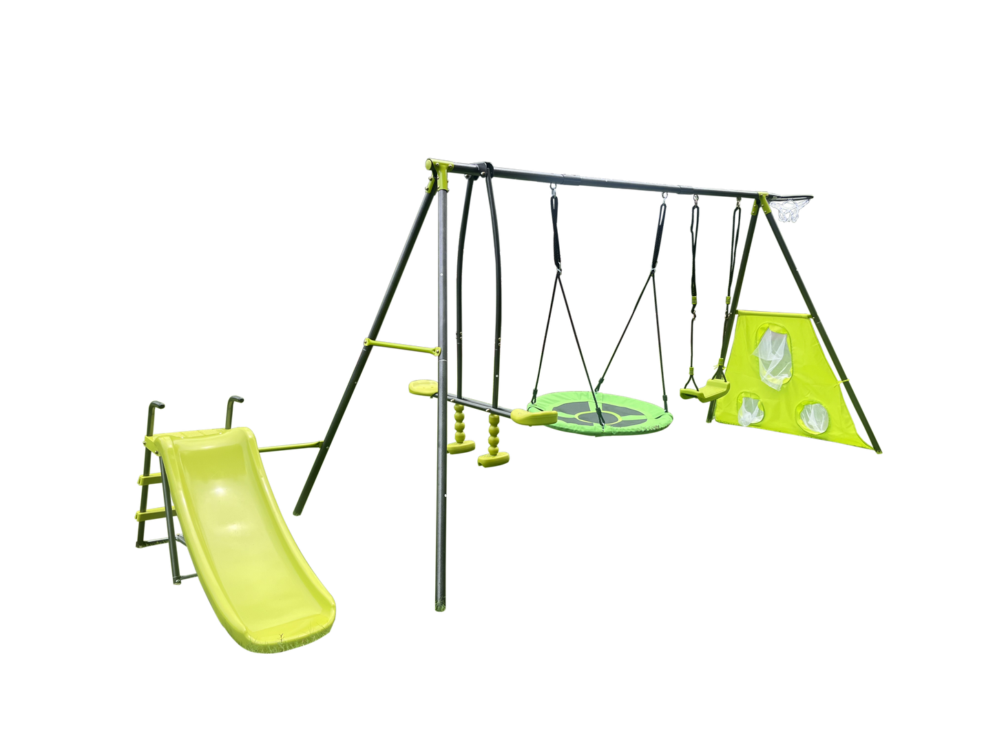 XNS052 Green and Blue Six Function Swingset with Net Swing - 440lbs Capacity - Outdoor Playground for Age 3+ - 31.5in Net Swing