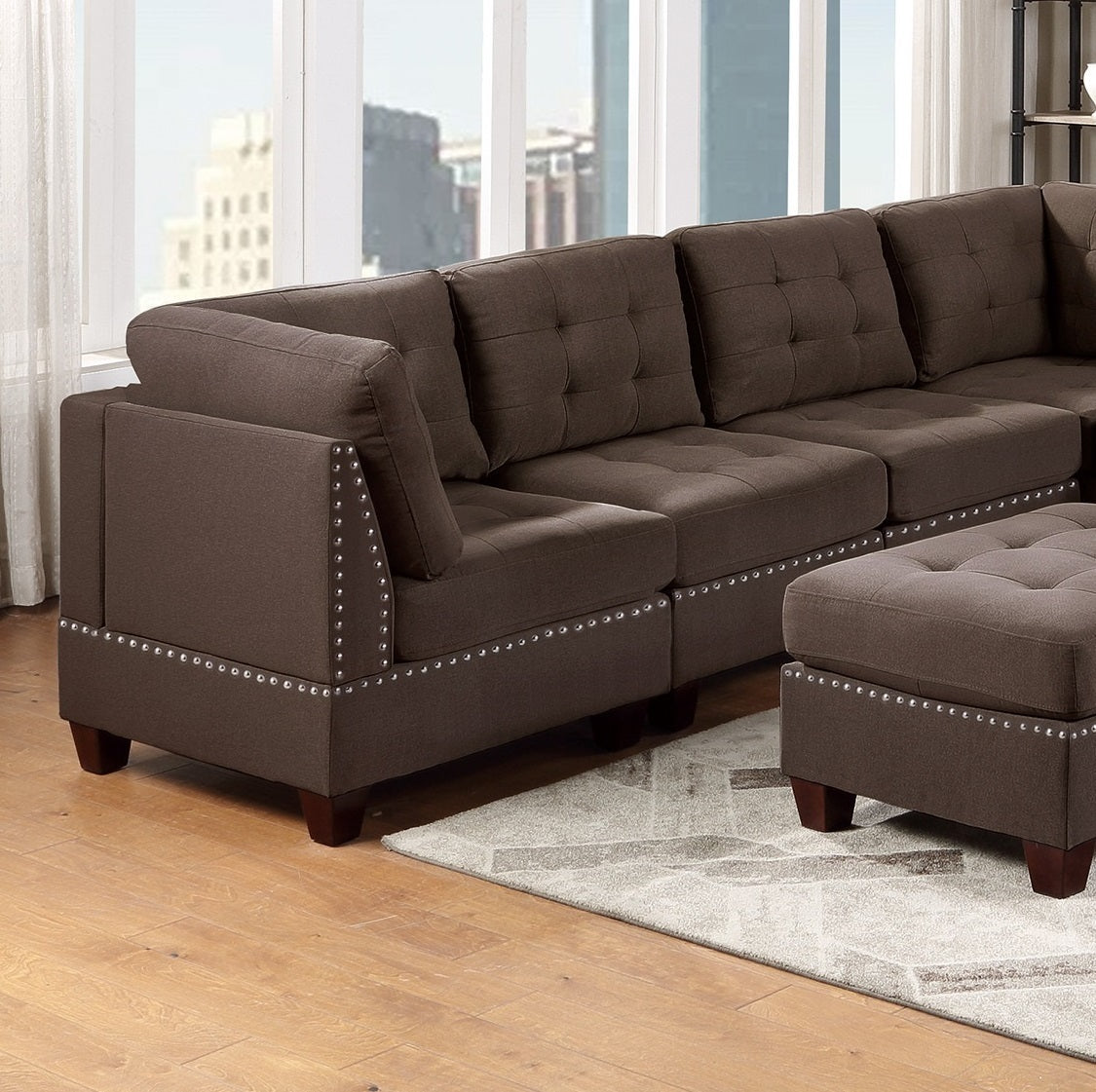 Modular Sectional 9pc Set Living Room Furniture, Corner Sectional with Tufted Nailheads, Black Coffee Linen Like Fabric, 3x Corner Wedge, 4x Armless Chairs, 2x Ottomans