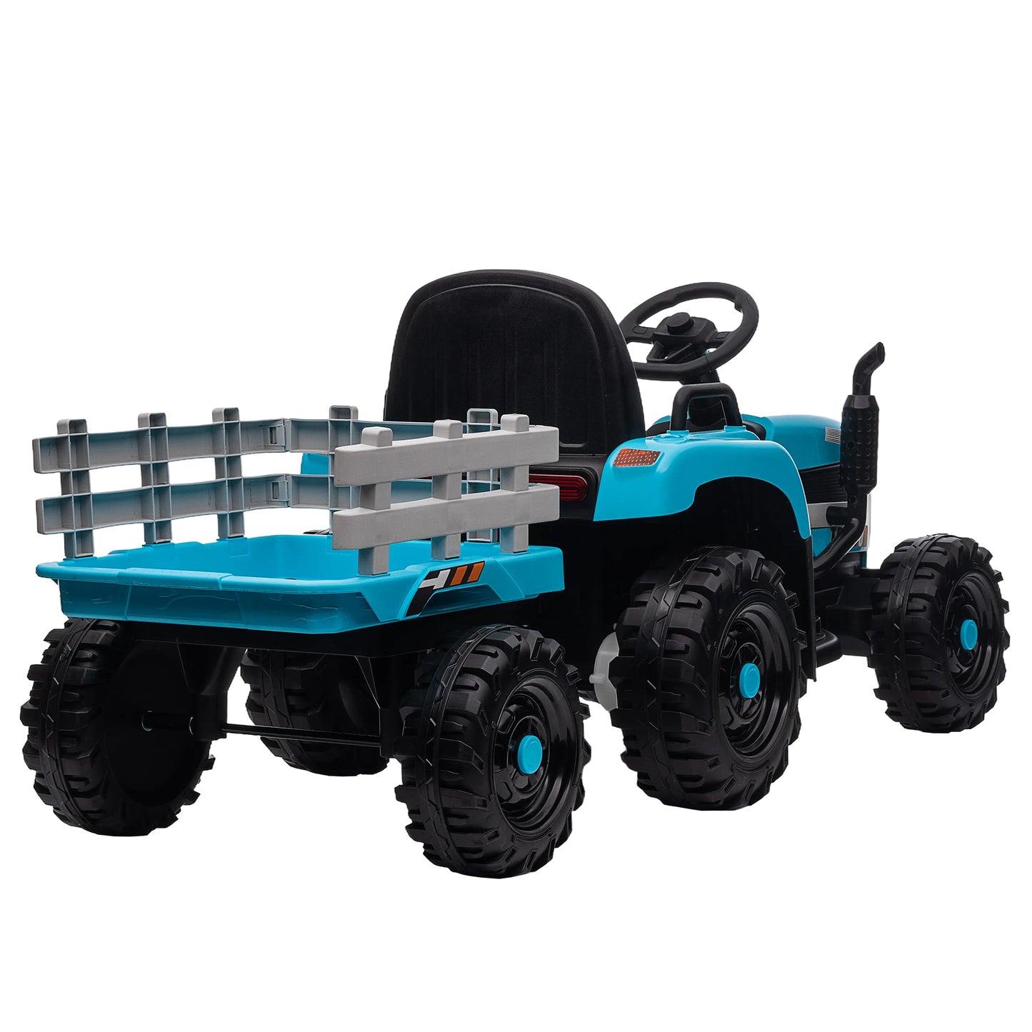 12V Battery Powered Ride on Tractor with Trailer for Kids | Remote Control | 3-Speed Adjustable | Power Display | USB, MP3, Bluetooth | LED Light | Two-Point Safety Belt | Blue