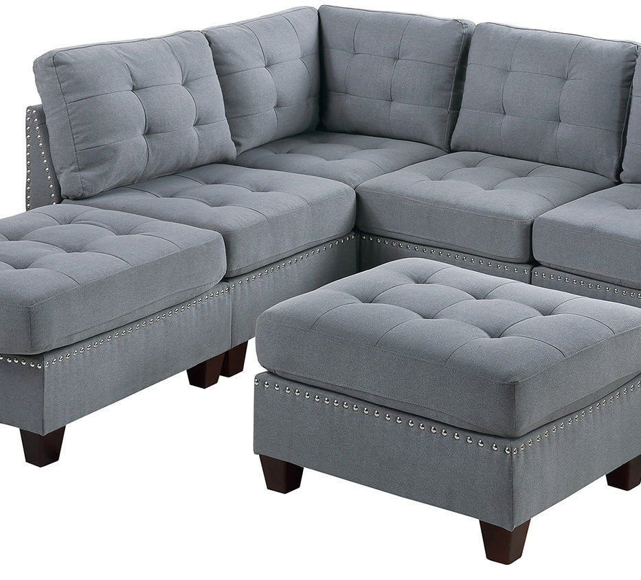 Contemporary Modular Sectional 7pc Set - Gray Linen Like Fabric, Tufted, Nail heads, Corner L-Sectional, 2x Corner Wedge, 3x Armless Chair, 2x Ottoman