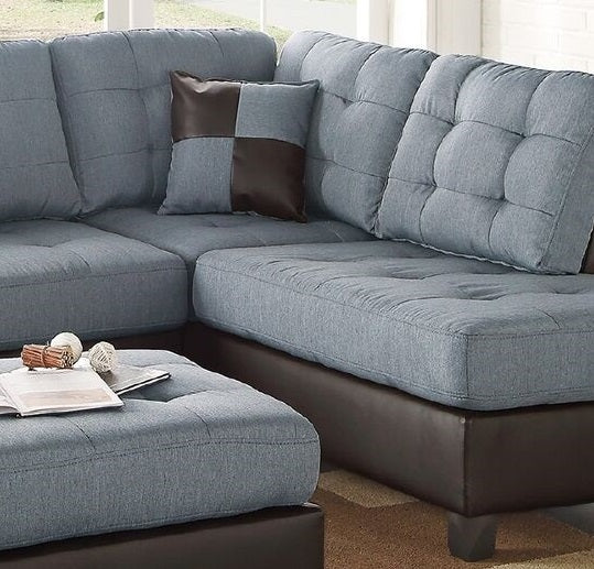 Contemporary Grey Polyfiber Linen Sectional Sofa with Reversible Chaise, Ottoman, and Cushioned Tufted Design - 3pc Set for Living Room Furniture with Pillows