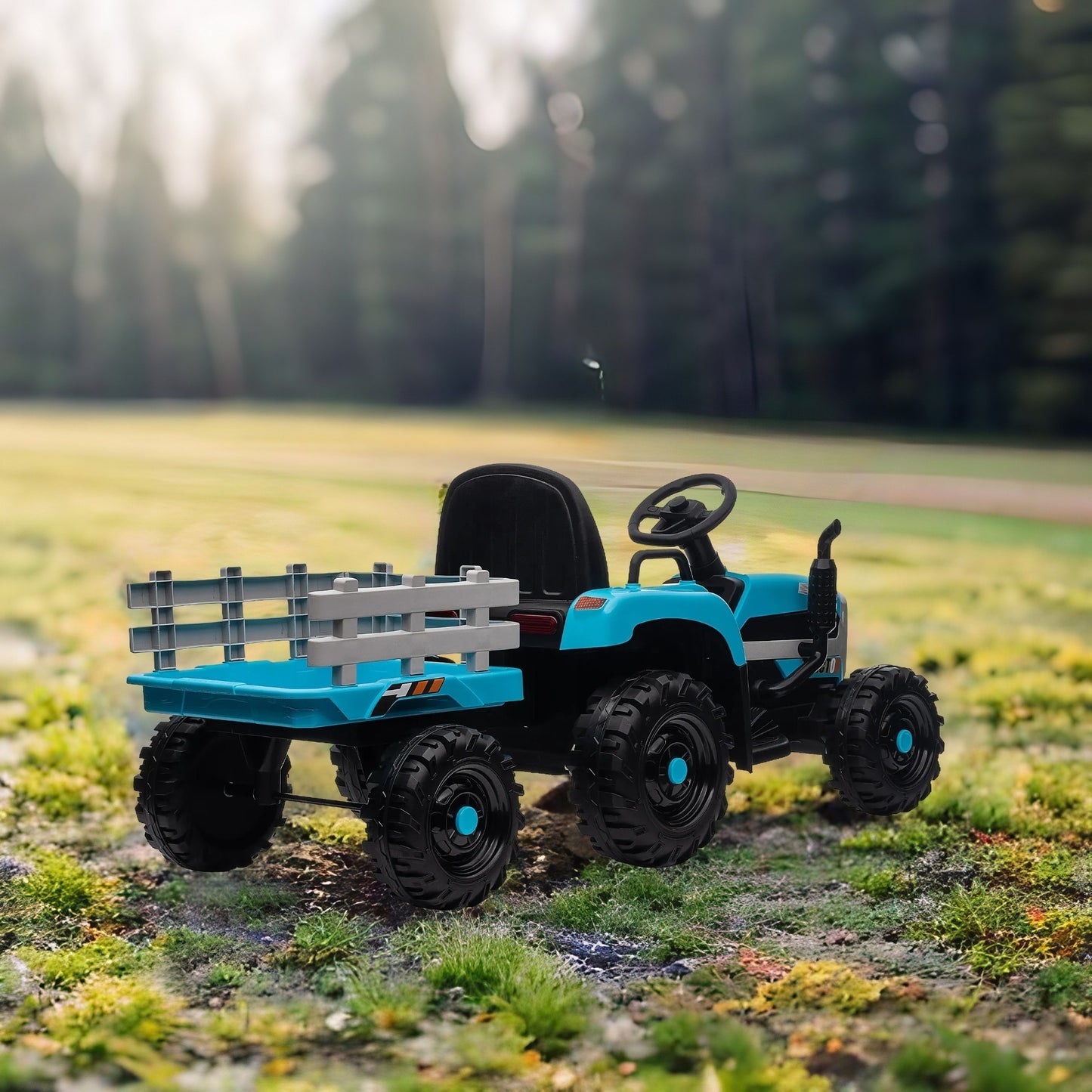 12V Battery Powered Ride on Tractor with Trailer for Kids | Remote Control | 3-Speed Adjustable | Power Display | USB, MP3, Bluetooth | LED Light | Two-Point Safety Belt | Blue