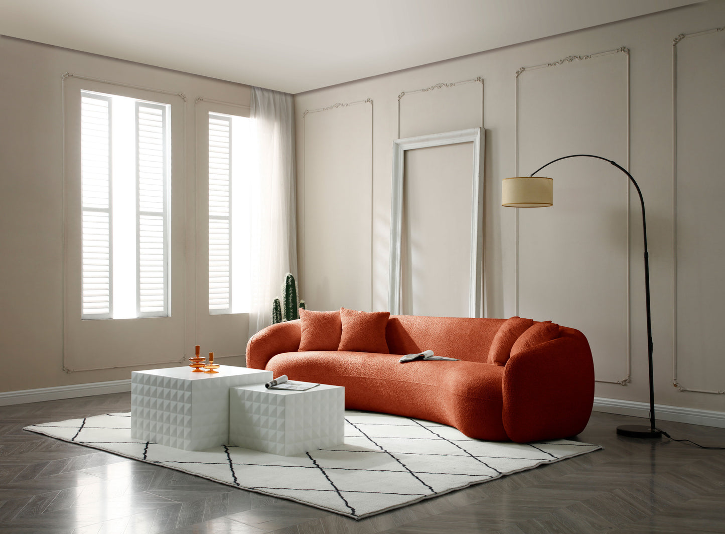 102'' 5-Seater Boucle Sofa: Modern Sectional, Half Moon Leisure Couch, Curved Sofa, Teddy Fleece, Orange