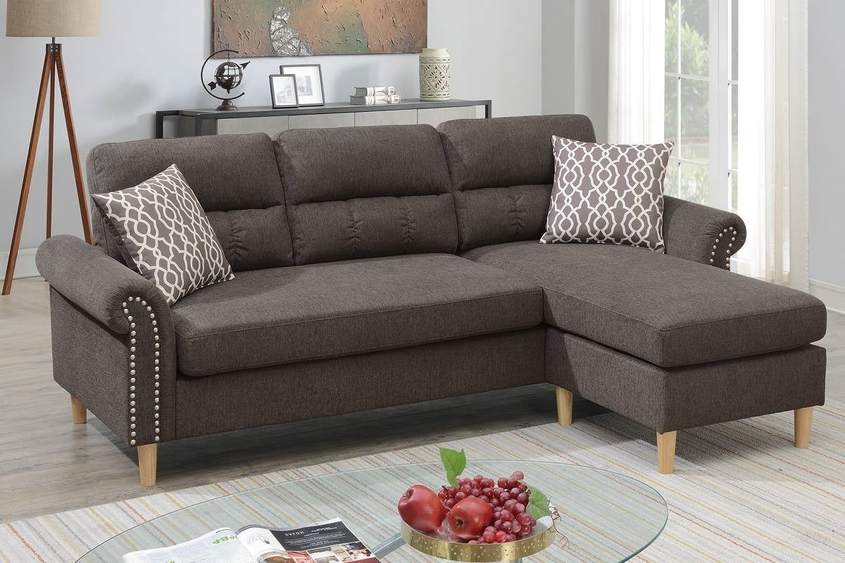 Tan Polyfiber Reversible Sectional Sofa Set with Chaise, Pillows, Plush Cushion, and Nailheads - Comfortable and Stylish Couch