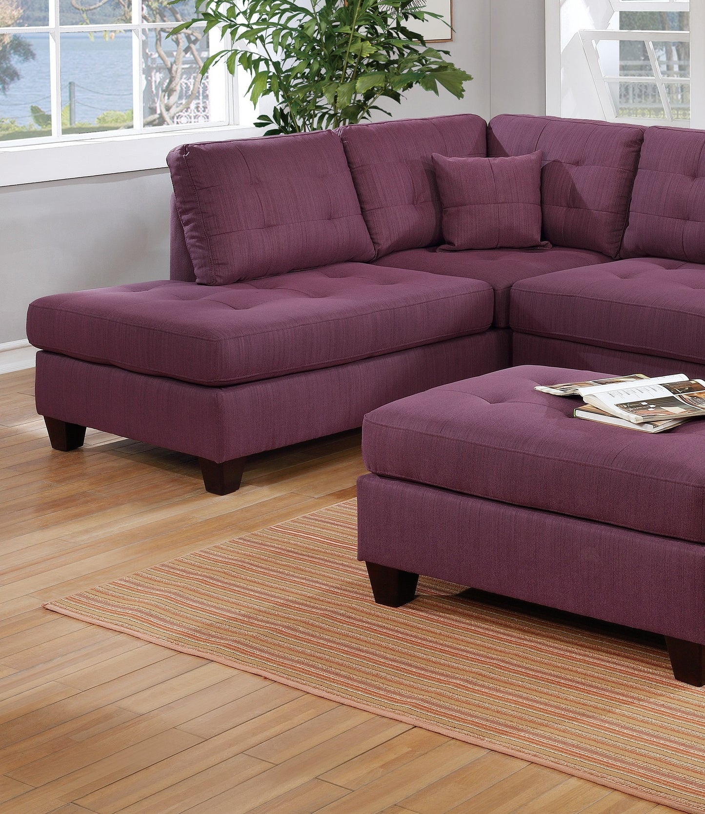 Living Room Furniture: Reversible Sectional Sofa, Warm Purple 3pc Set, Polyfiber Couch