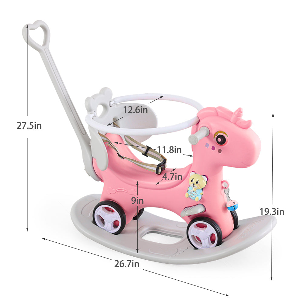 Rocking Horse for Toddlers, Balance Bike Ride On Toys with Push Handle & Backrest, Unicorn Kids Riding Birthday - Pink