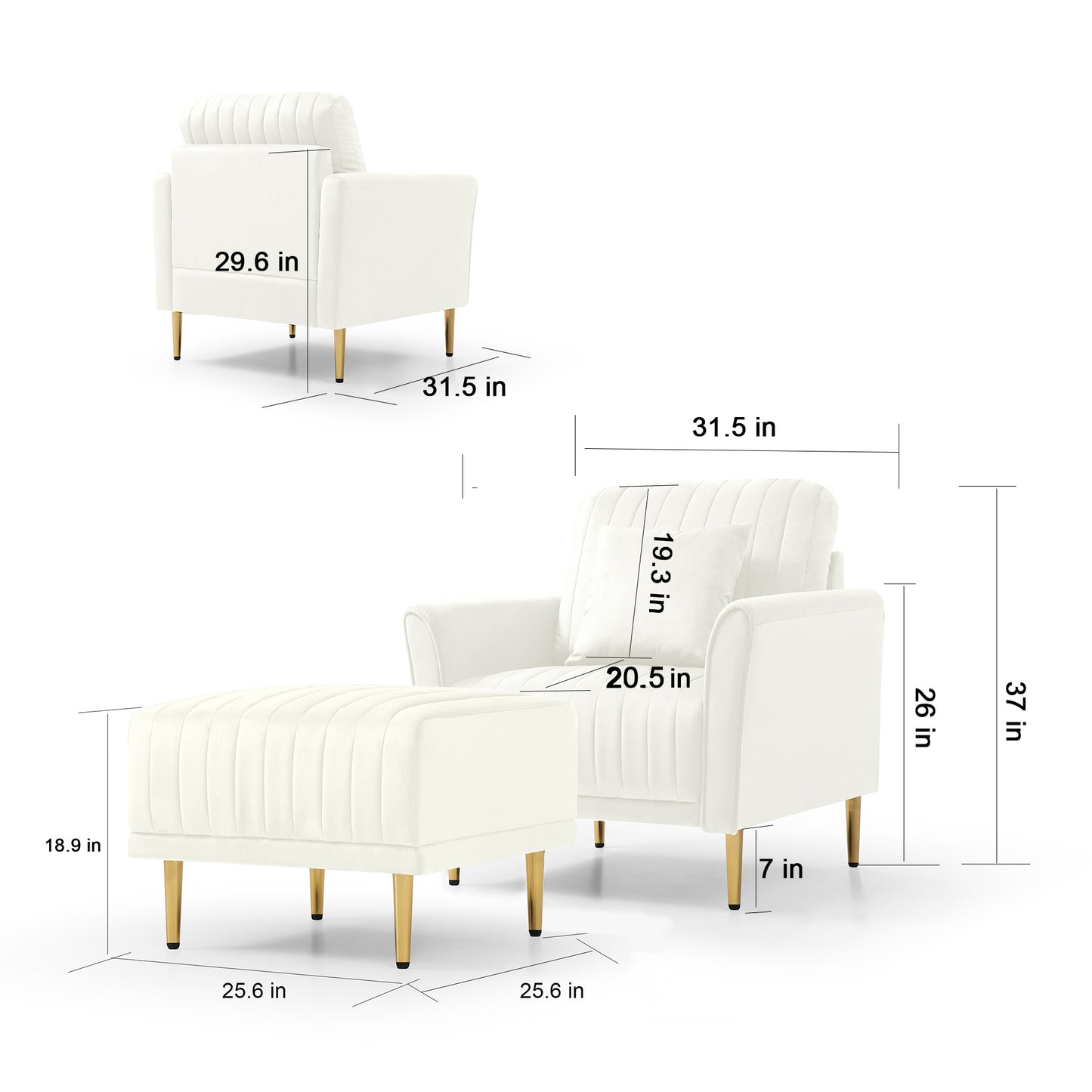 Contemporary Velvet Accent Chair & Ottoman Set with Deep Channel Tufting - Cream Upholstery