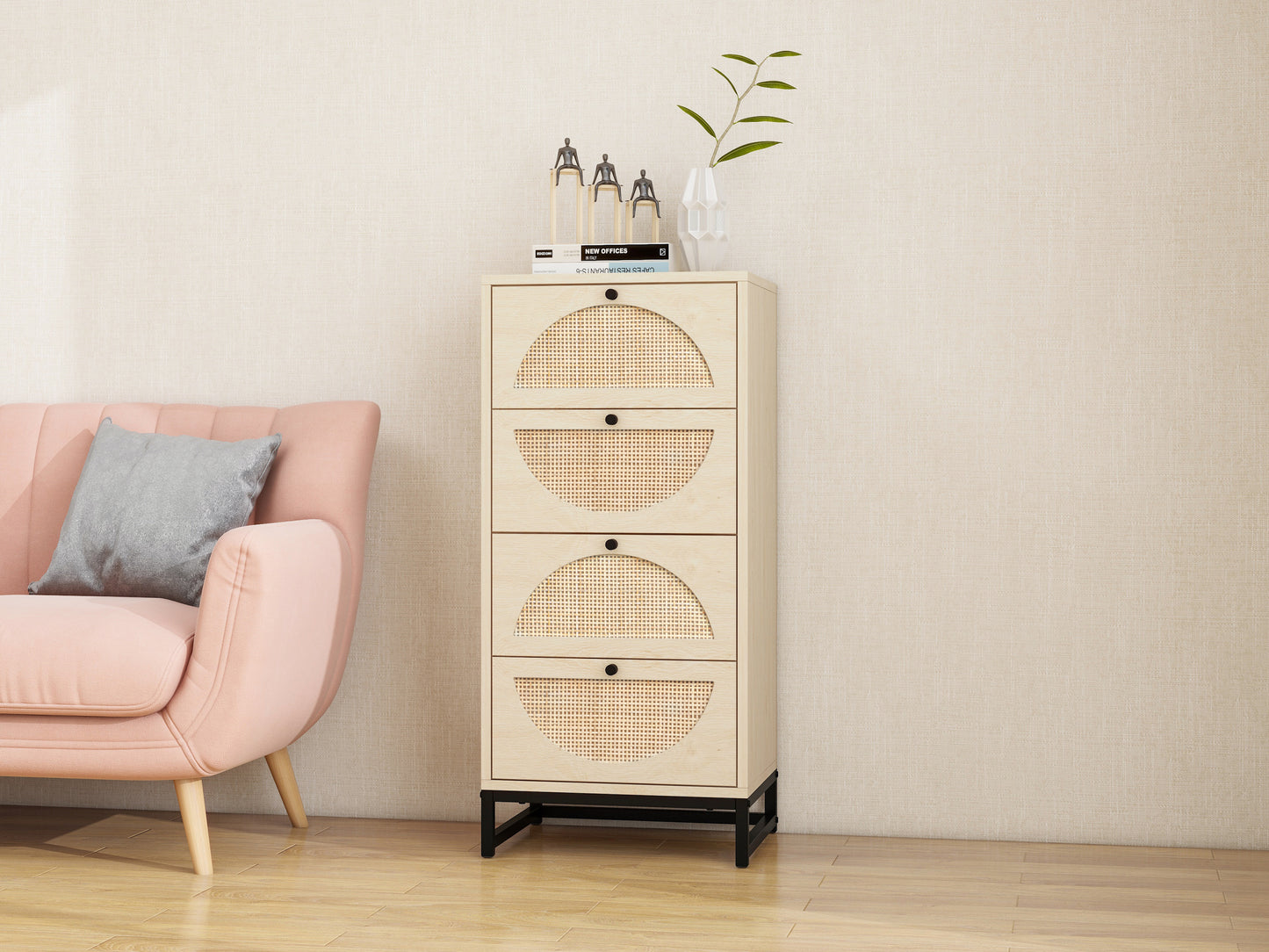 Natural Rattan Cabinet with 4 Drawers for Living Room Bedroom