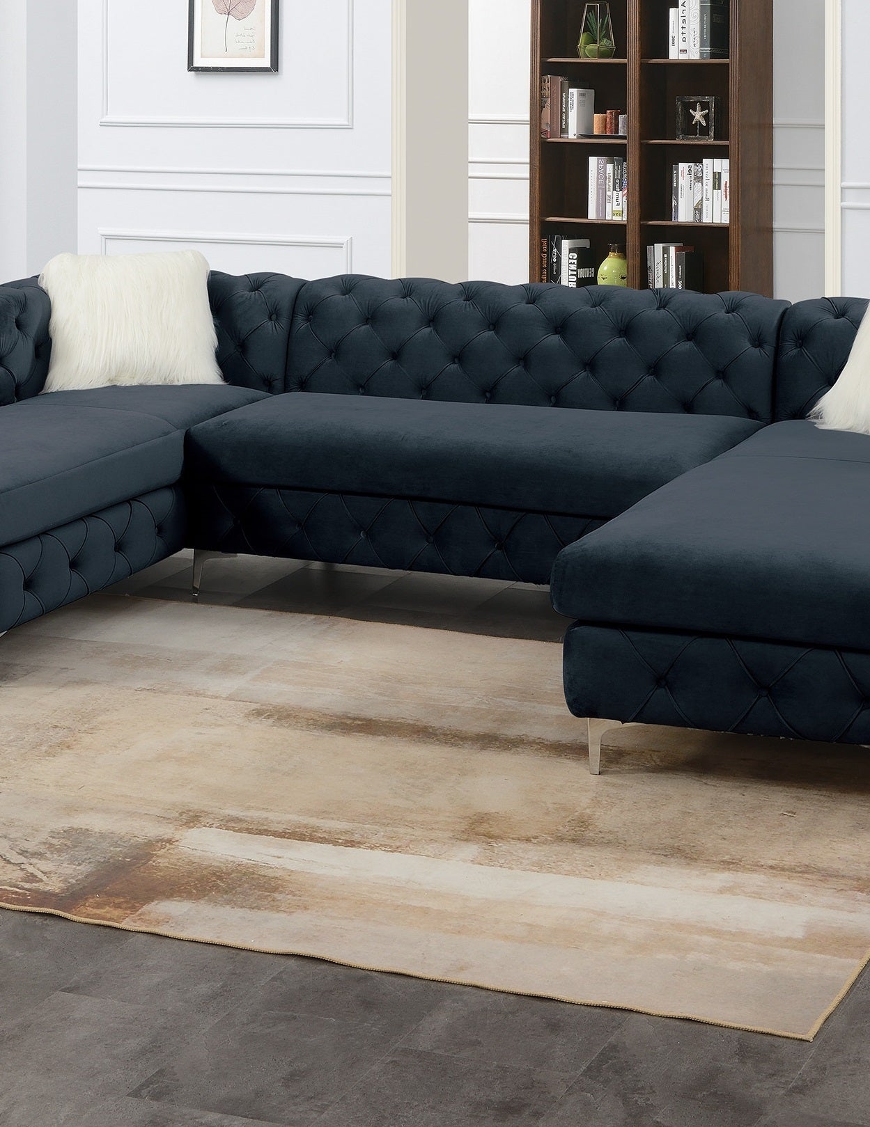 Gorgeous Living Room U-Sectional Black Velvet Tufted Cushion Couch with LAF and RAF Chaise and Armless Loveseat