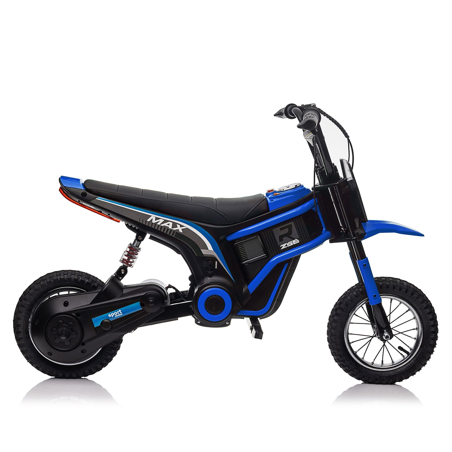 Kids Ride On 24V Electric Toy Motocross Motorcycle Dirt Bike - XXL Large, Age 8-12, Speeds up to 14.29MPH, Dual Suspension, Hand-Operated Dual Brakes, Twist Grip Throttle, Authentic Motocross Bike Geometry, Red & Blue.