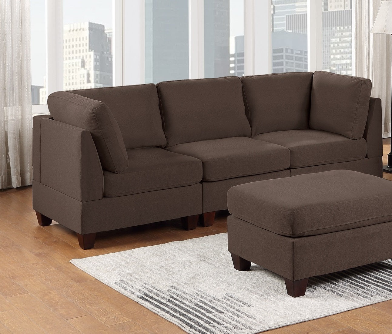 Modular 6pc Sofa Set: Living Room Furniture, Loveseat, Couch, Black Coffee Linen-Like Fabric, 4x Corner Wedge, 1x Armless Chair, 1x Ottoman