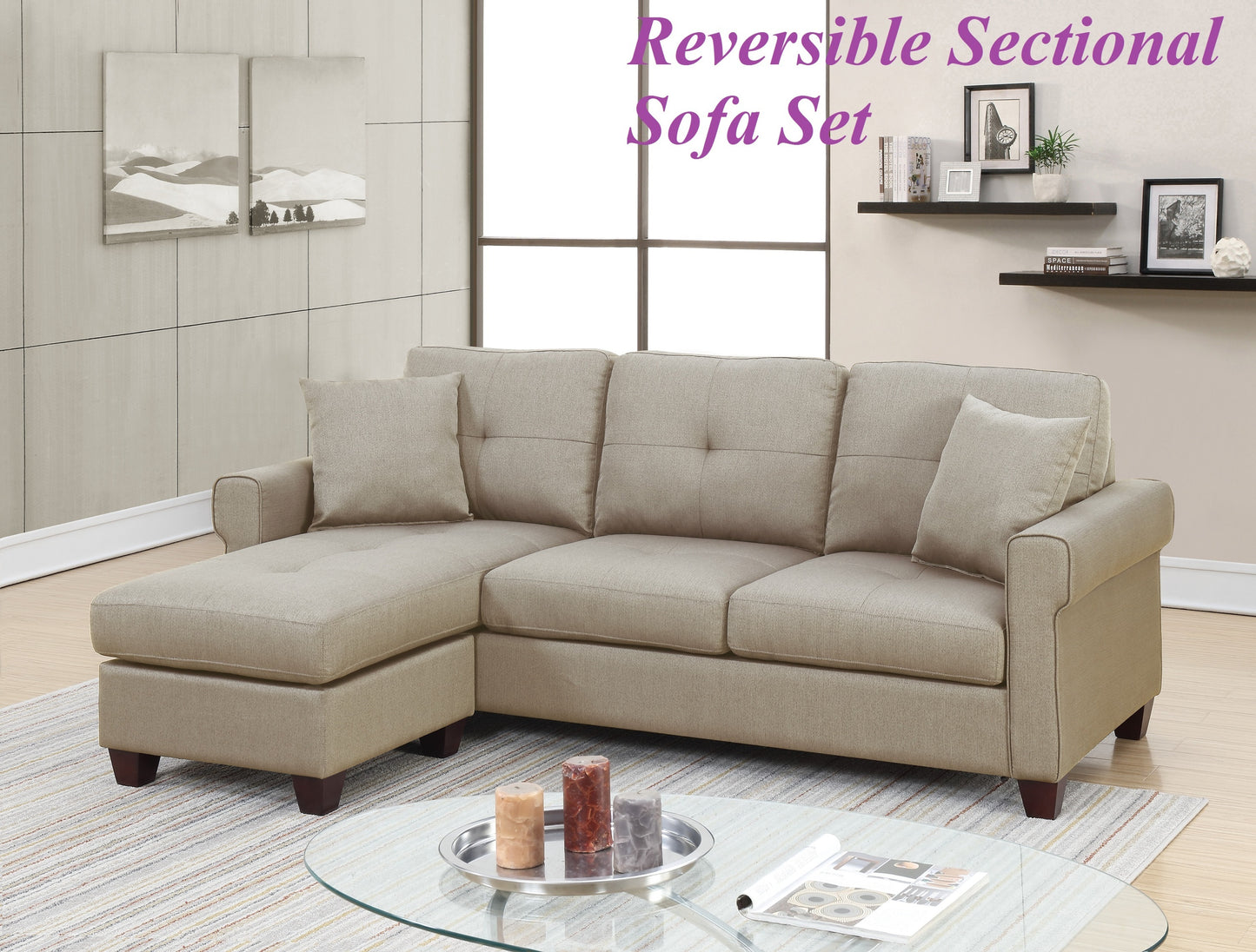 Beige Glossy Polyfiber Tufted Cushion Couch Sectional Sofa Chaise - Reversible Living Room Furniture with Unique Sectionals Chaise, Size Options Available