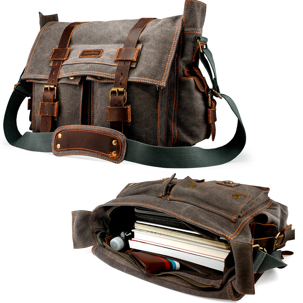 GEARONIC Mens Canvas Leather Messenger Bag for Laptop Vintage Shoulder Crossbody