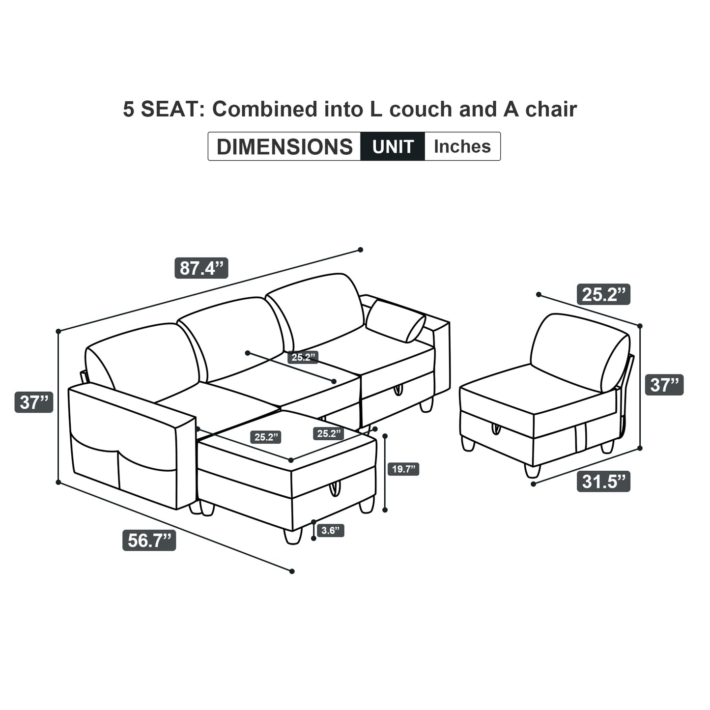 High-end Modular Sofa Couch, 5 Seat Sectional Sofa set for Living Room, Dark Gray Corduroy Velvet, Spring Cushions