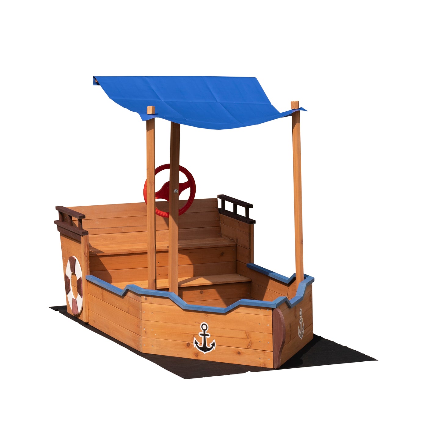 Outsunny Pirate Ship Sandbox: Wooden Sandbox with Storage Bench and Seat for Kids 3-8 Years Old, Outdoor Toy with Cover and Rudder - Colorful & Fun!