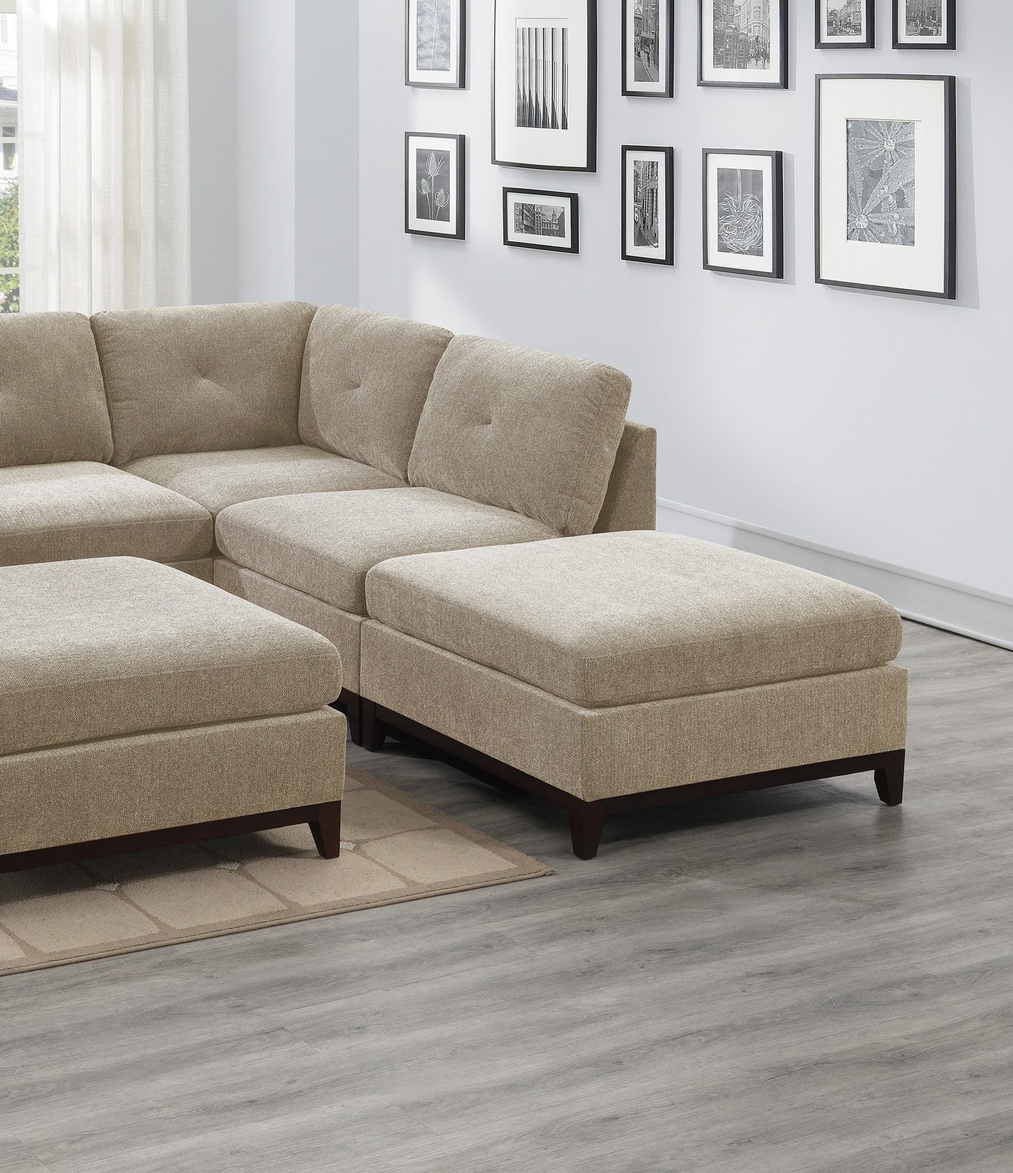 Camel Chenille Fabric Modular Sectional 7pc Set: L-Sectional Couch, Corner Wedge, Armless Chairs, and Ottomans with Tufted Back and Exposed Wooden Base - Living Room Furniture