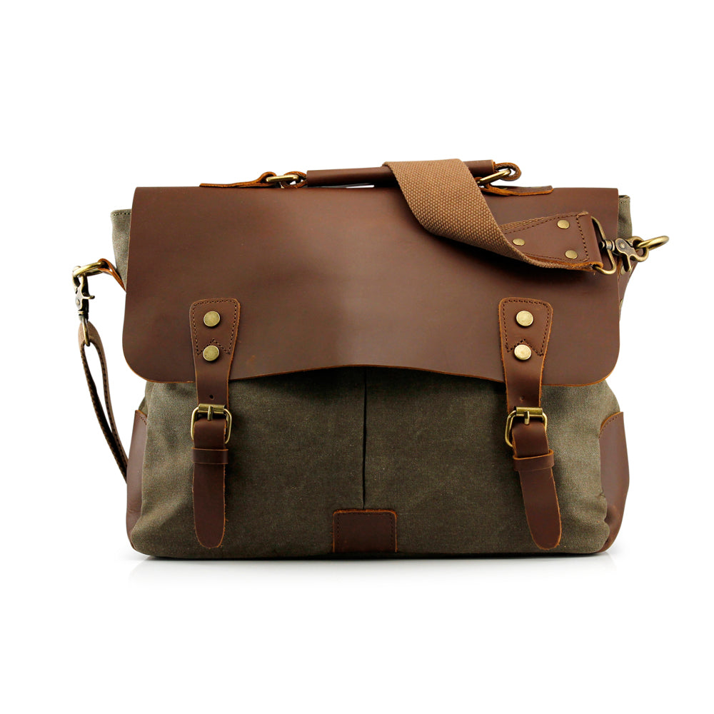 GEARONIC TM Men's Vintage Canvas Leather Messenger Bag Satchel School Military Shoulder Travel Bag for Notebook Laptop Macbook 11 and 13 inch Air Pro