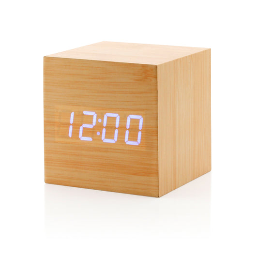 GEARONIC TM Wooden Alarm Clock Wood LED Square Cube Digital Thermometer Timer Calendar Brighter LED