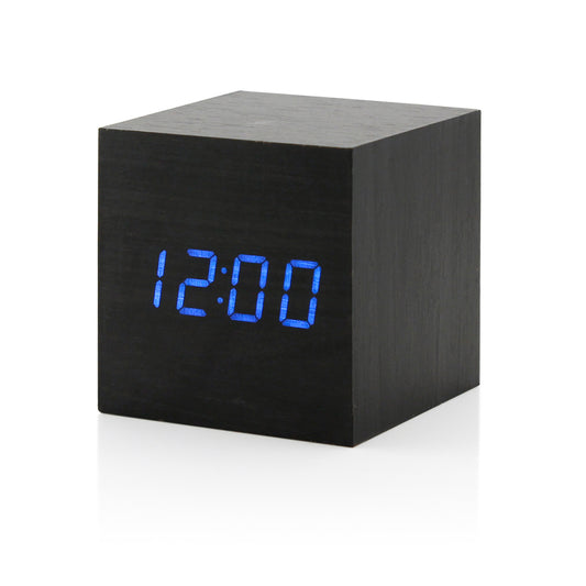 GEARONIC TM Wooden Alarm Clock Wood LED Square Cube Digital Thermometer Timer Calendar Brighter LED