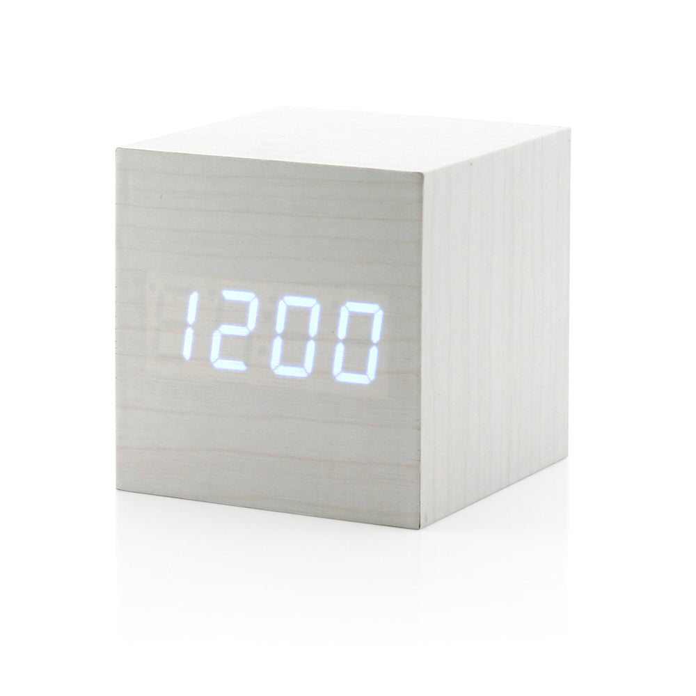 GEARONIC TM Wooden Alarm Clock Wood LED Square Cube Digital Thermometer Timer Calendar Brighter LED