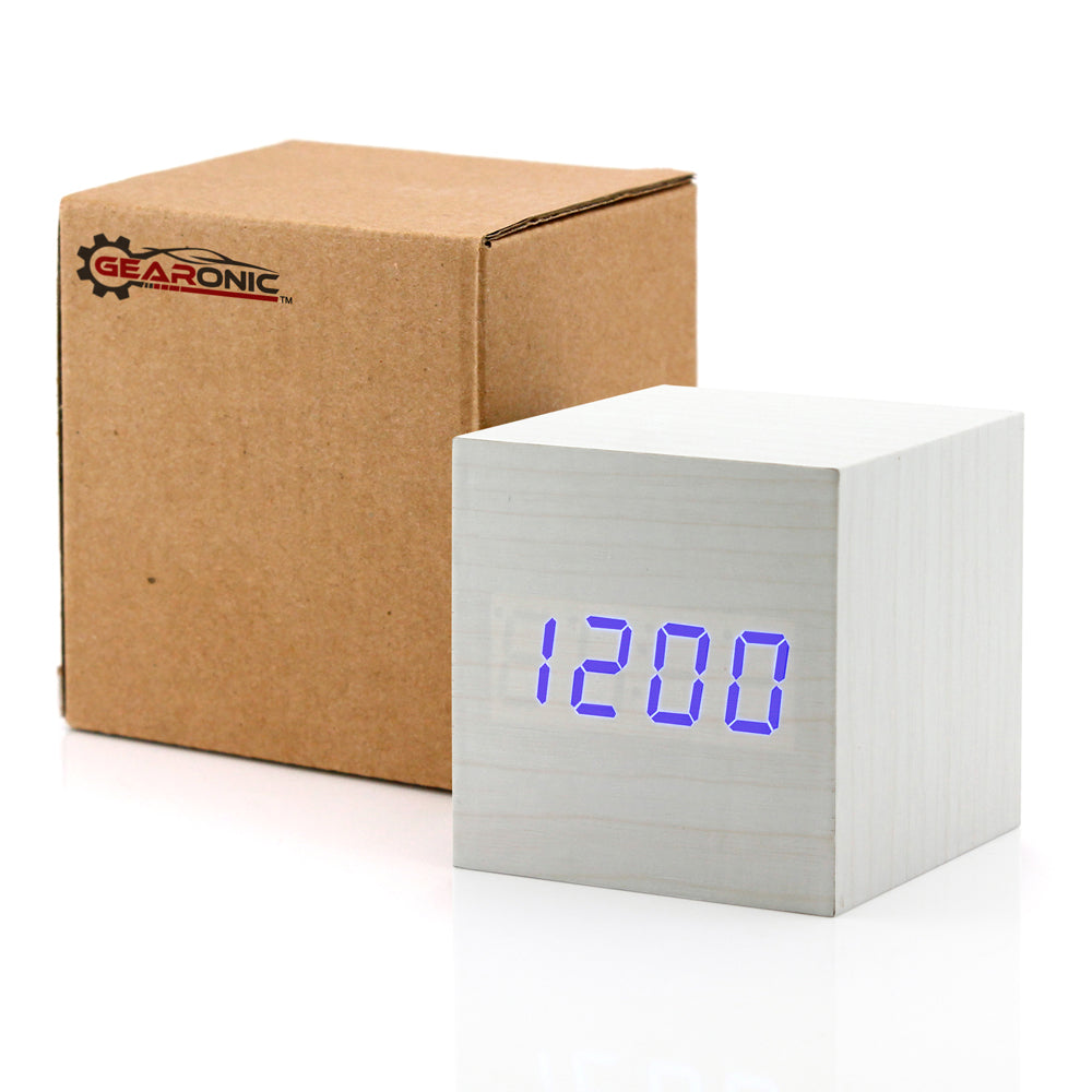 GEARONIC TM Wooden Alarm Clock Wood LED Square Cube Digital Thermometer Timer Calendar Brighter LED