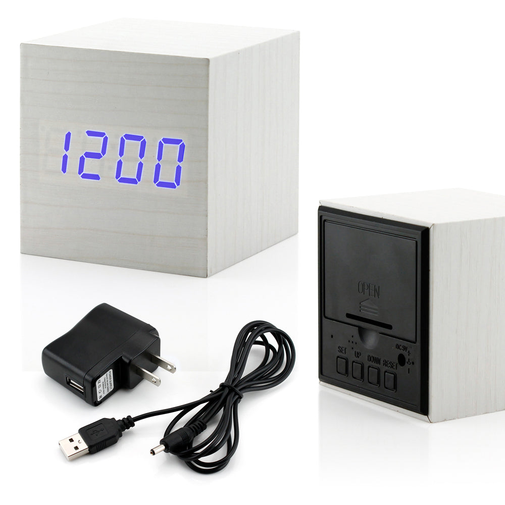 GEARONIC TM Wooden Alarm Clock Wood LED Square Cube Digital Thermometer Timer Calendar Brighter LED