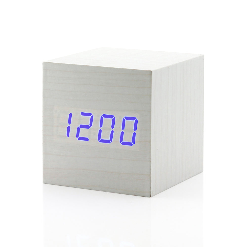 GEARONIC TM Wooden Alarm Clock Wood LED Square Cube Digital Thermometer Timer Calendar Brighter LED