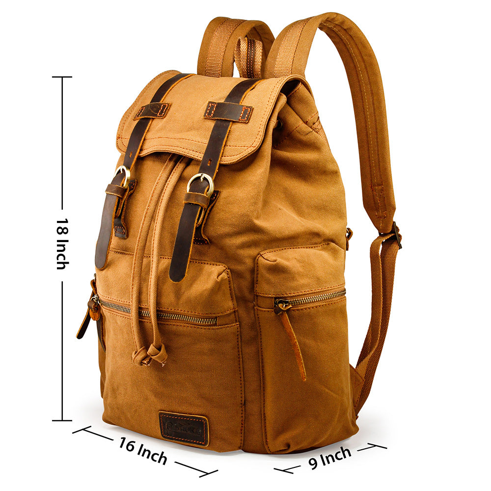 GEARONIC TM 21L Vintage Canvas Backpack for Men Leather Rucksack Knapsack 15 inch Laptop Tote Satchel School Military Army Shoulder Rucksack Hiking Bag